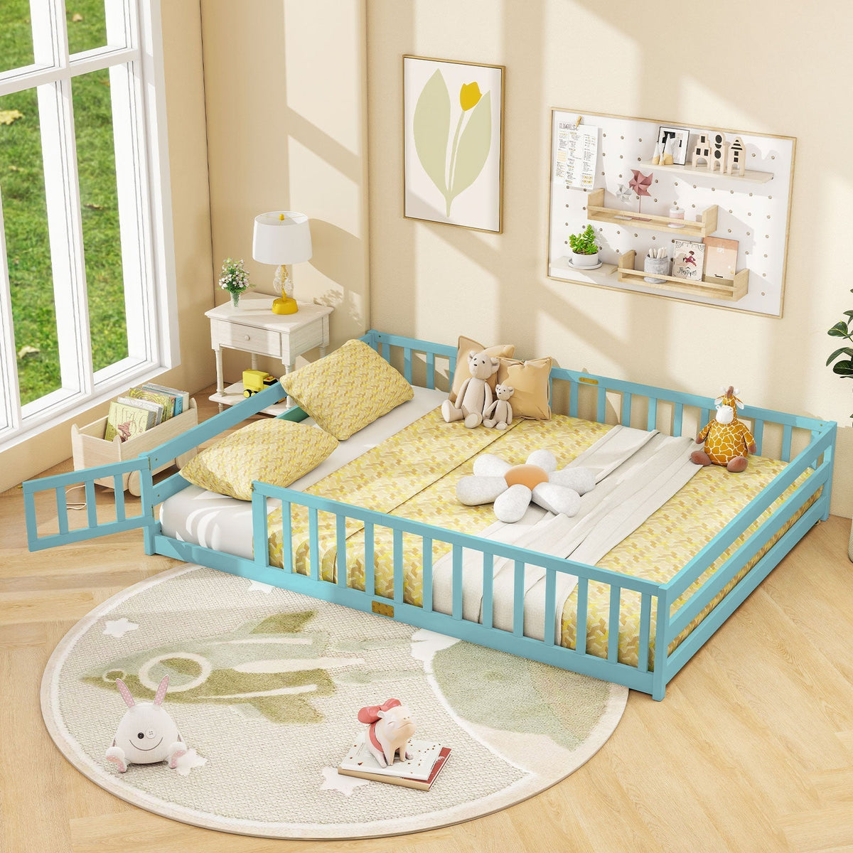 Queen Size Floor Bed Kids Montessori Bed Frame with Full Length Safety GuardrailsTorqelo.com