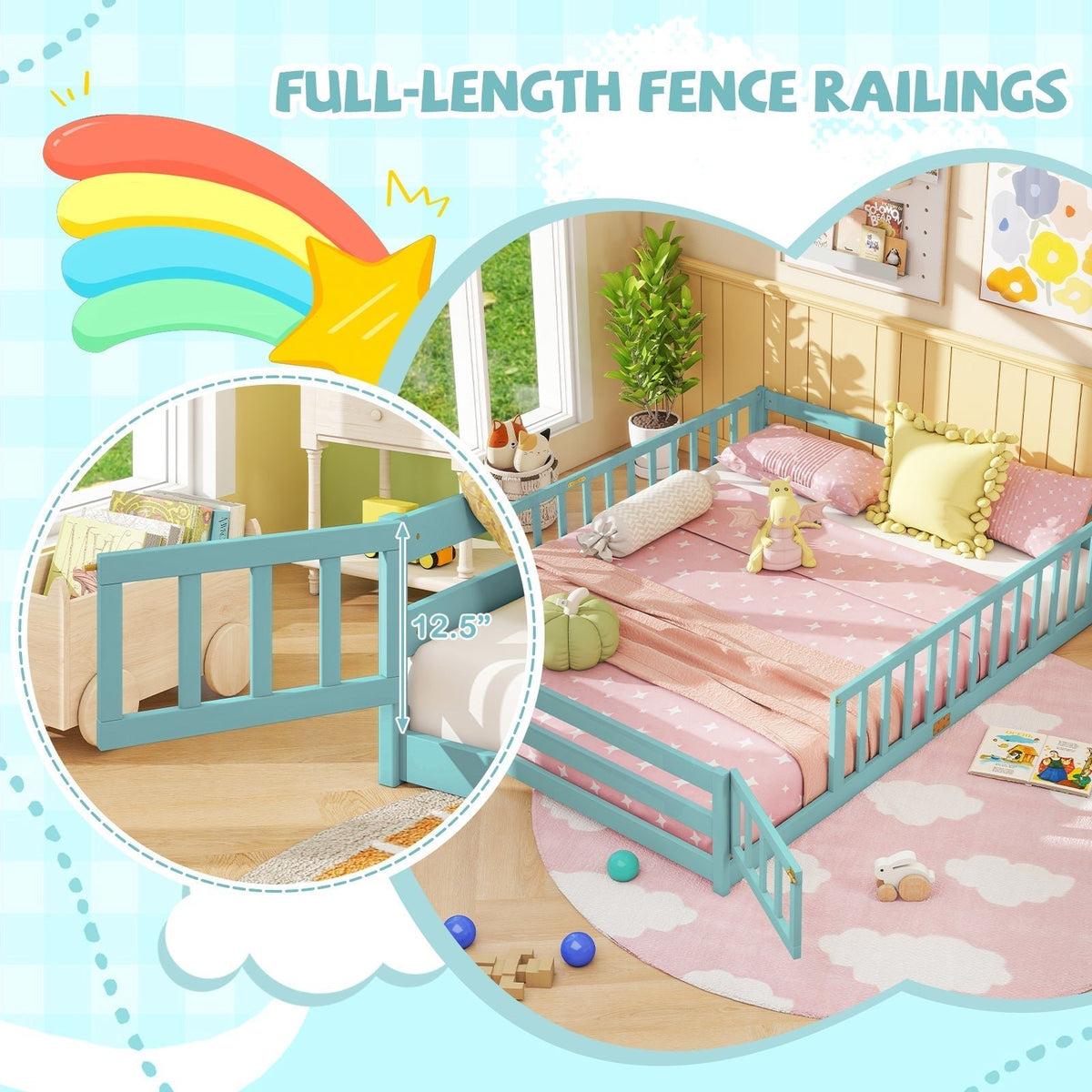 Queen Size Floor Bed Kids Montessori Bed Frame with Full Length Safety GuardrailsTorqelo.com