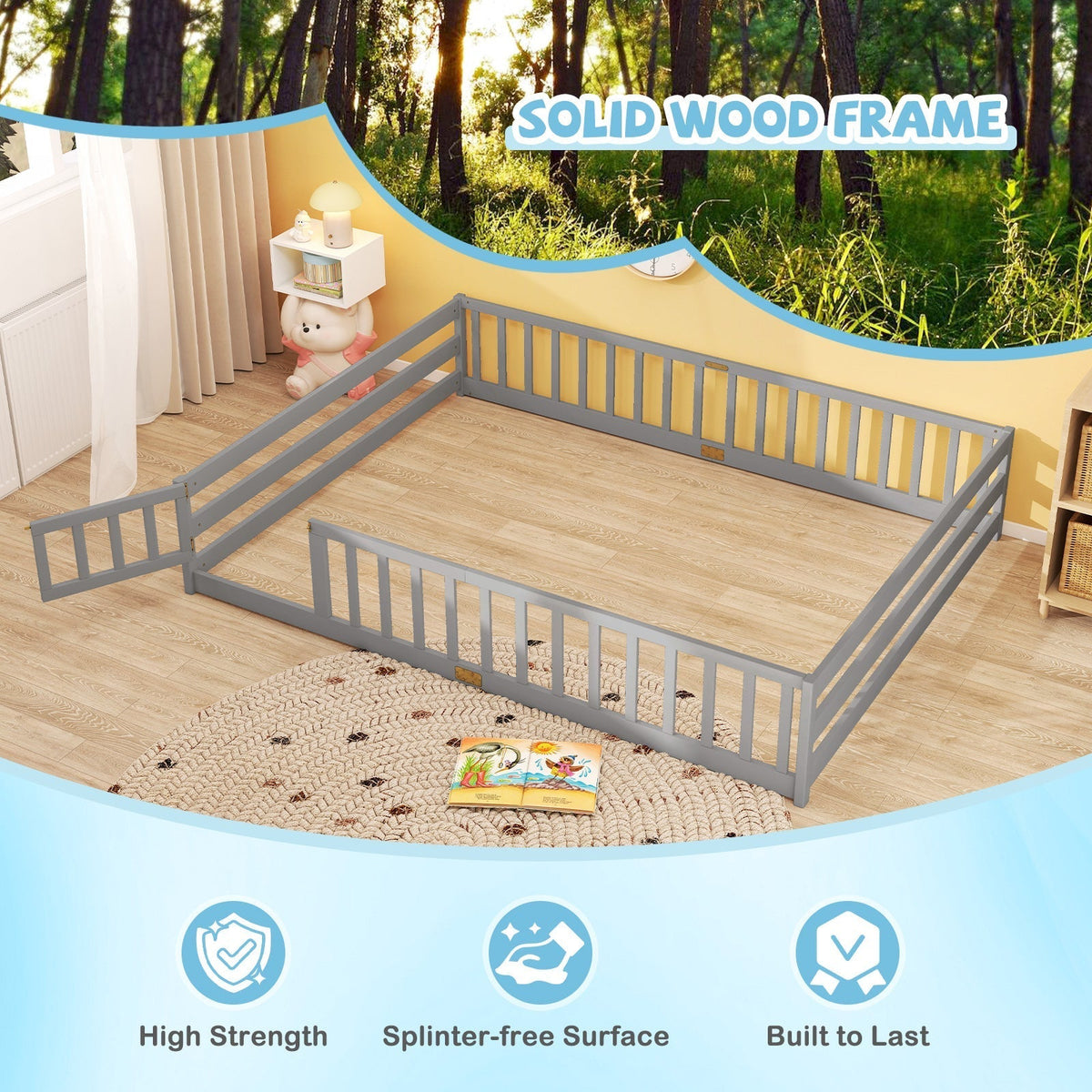 Queen Size Floor Bed Kids Montessori Bed Frame with Full Length Safety GuardrailsTorqelo.com