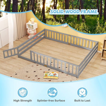 Queen Size Floor Bed Kids Montessori Bed Frame with Full Length Safety GuardrailsTorqelo.com