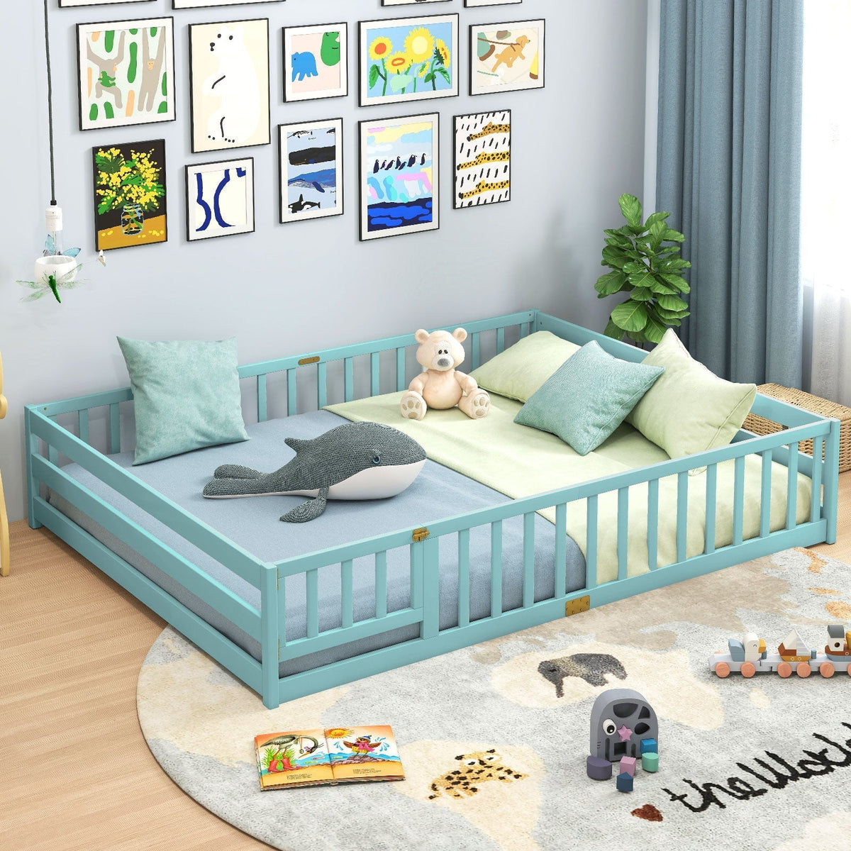 Queen Size Floor Bed Kids Montessori Bed Frame with Full Length Safety GuardrailsTorqelo.com