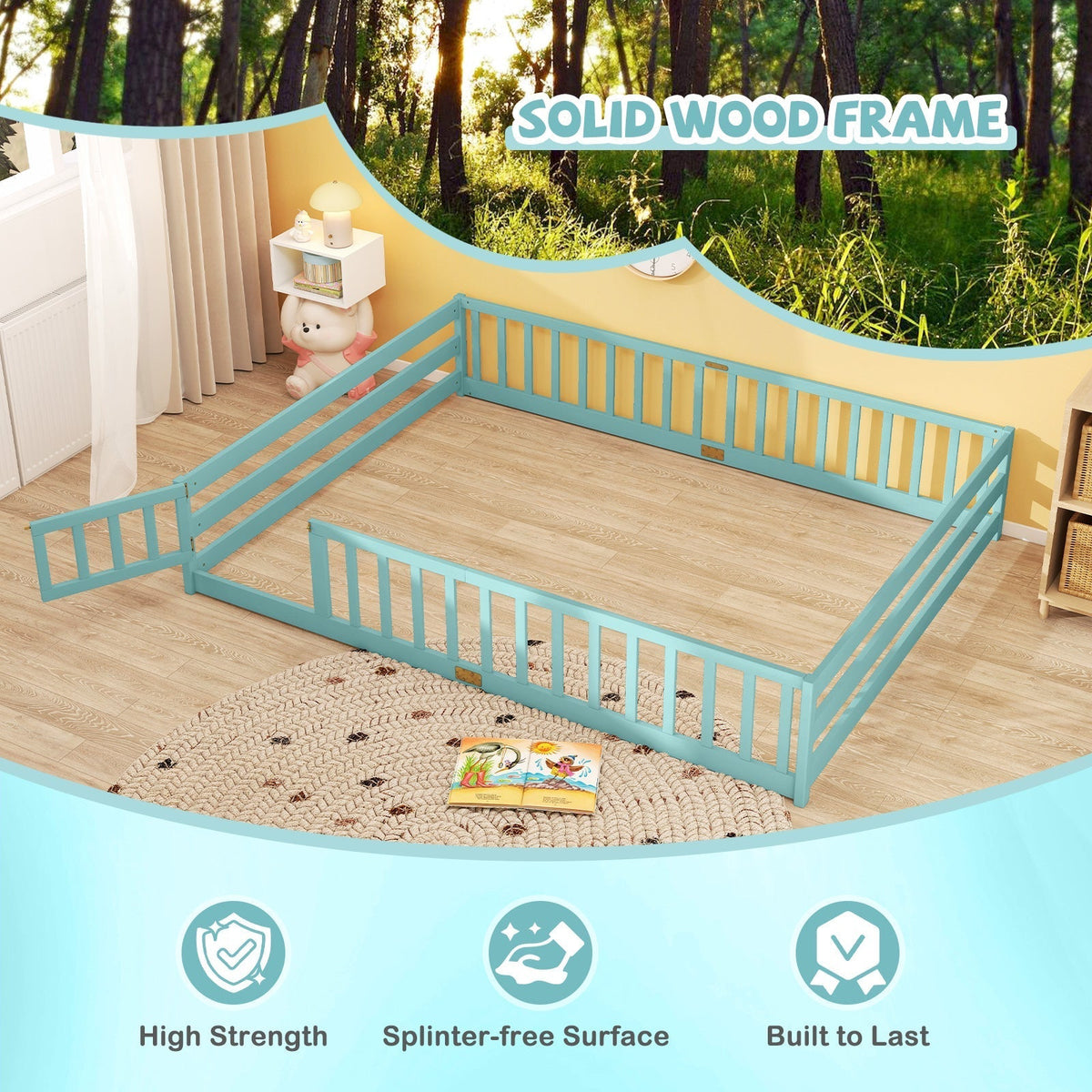 Queen Size Floor Bed Kids Montessori Bed Frame with Full Length Safety GuardrailsTorqelo.com