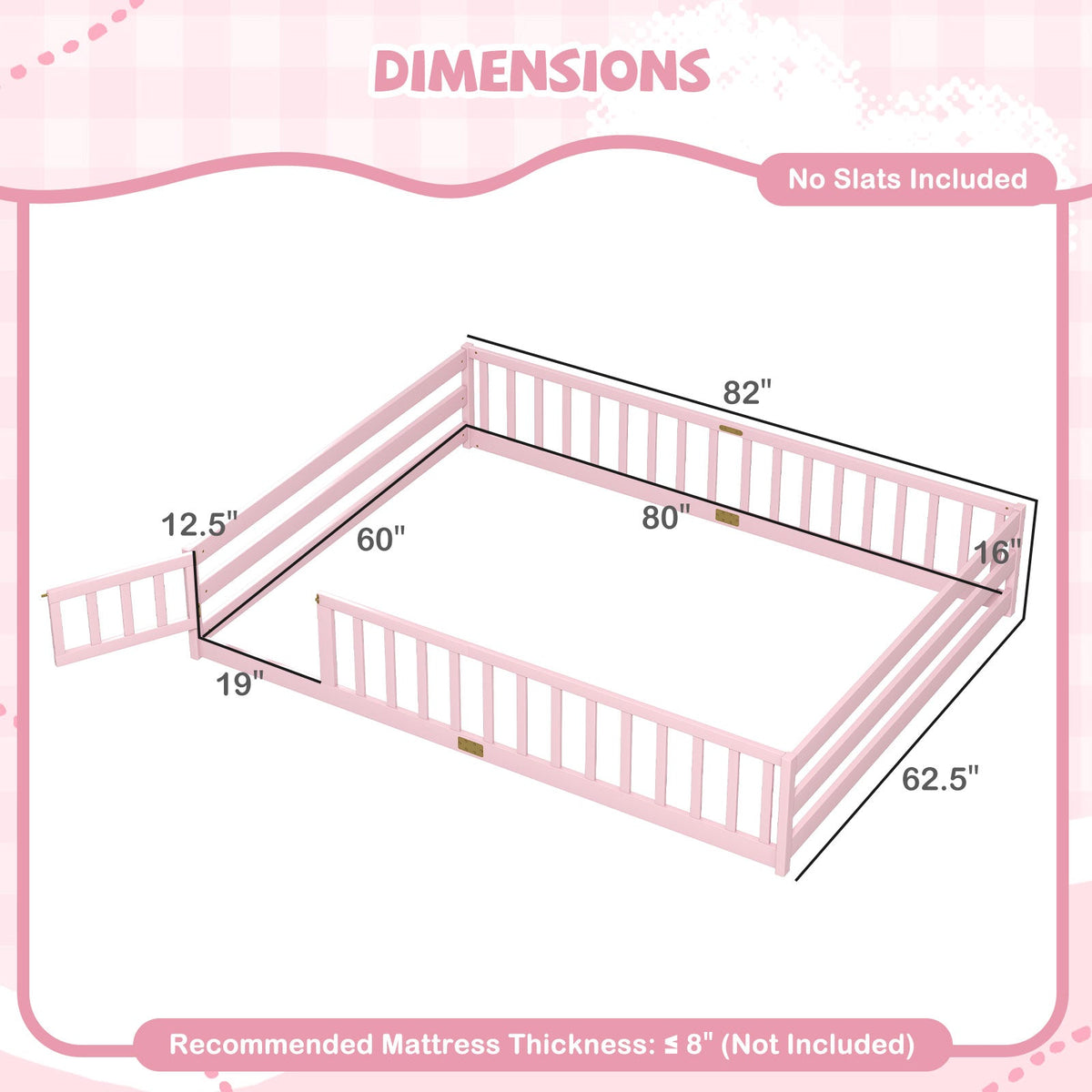 Queen Size Floor Bed Kids Montessori Bed Frame with Full Length Safety GuardrailsTorqelo.com