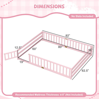 Queen Size Floor Bed Kids Montessori Bed Frame with Full Length Safety GuardrailsTorqelo.com