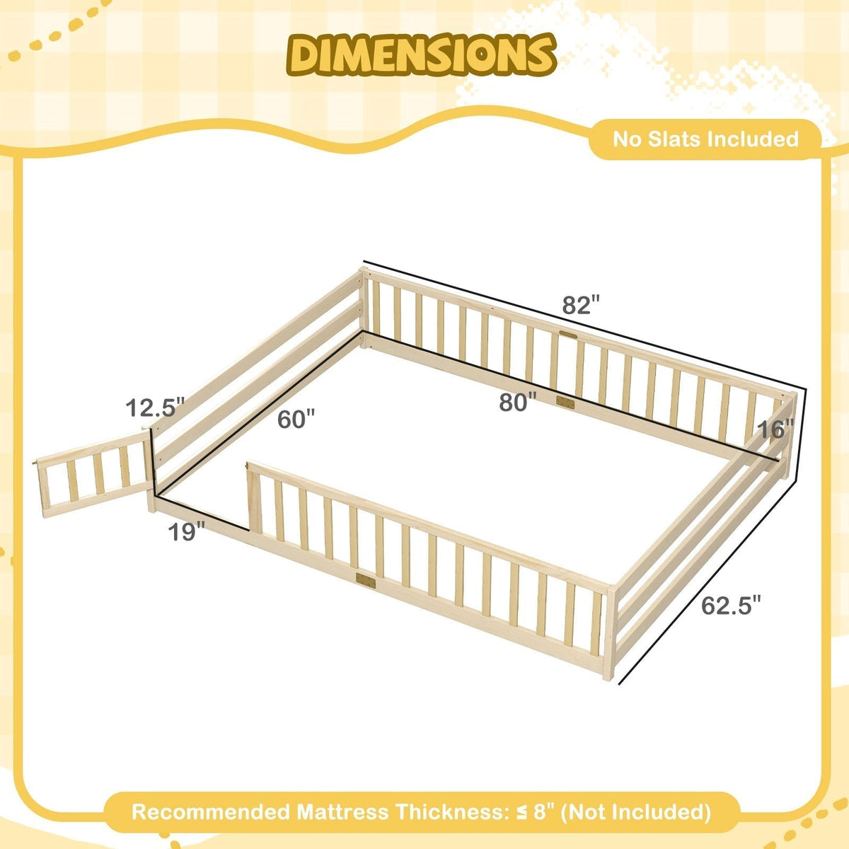 Queen Size Floor Bed Kids Montessori Bed Frame with Full Length Safety GuardrailsTorqelo.com