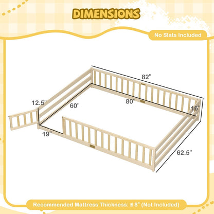 Queen Size Floor Bed Kids Montessori Bed Frame with Full Length Safety GuardrailsTorqelo.com