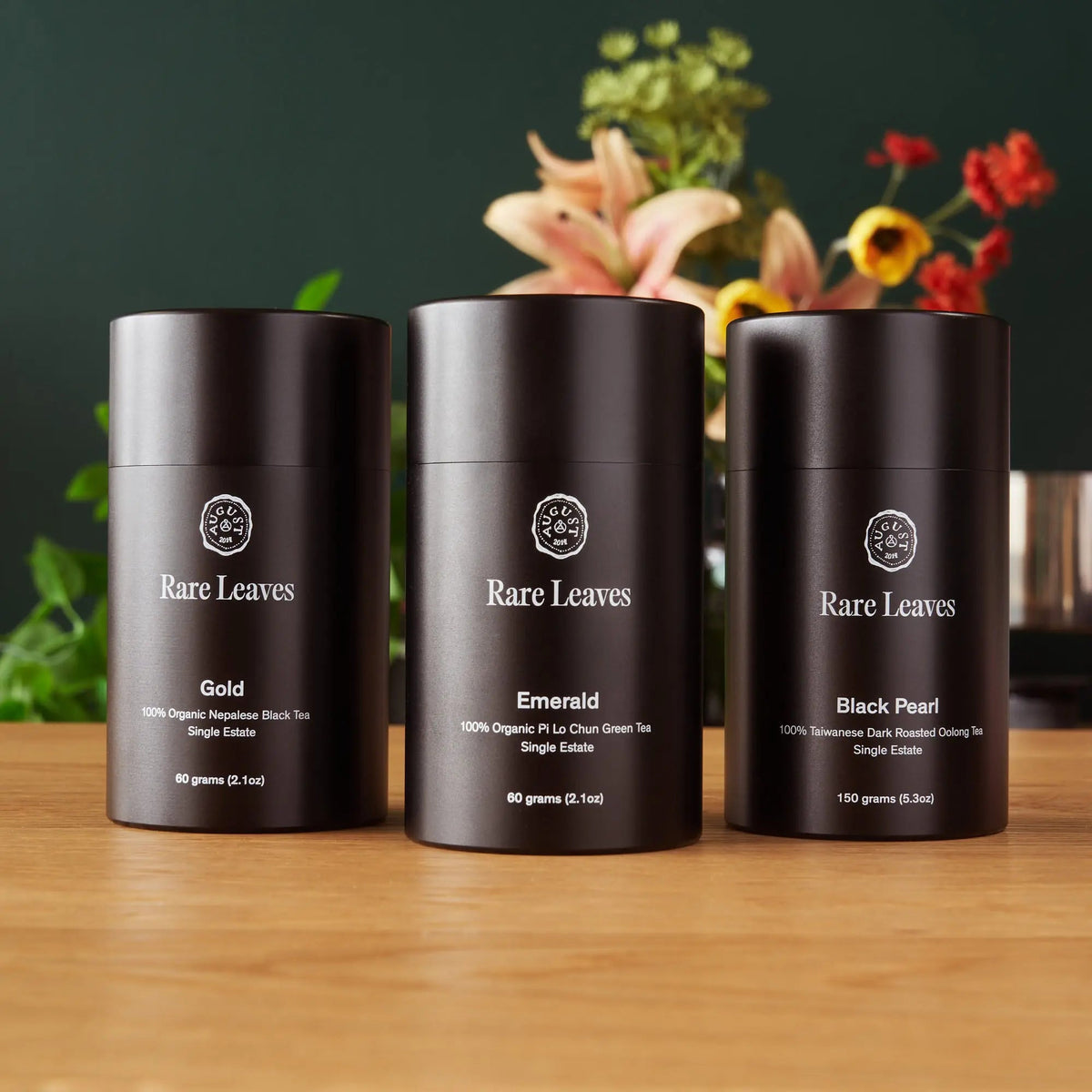 Gift set of three single origin Rare Leaves teas in full-size tins