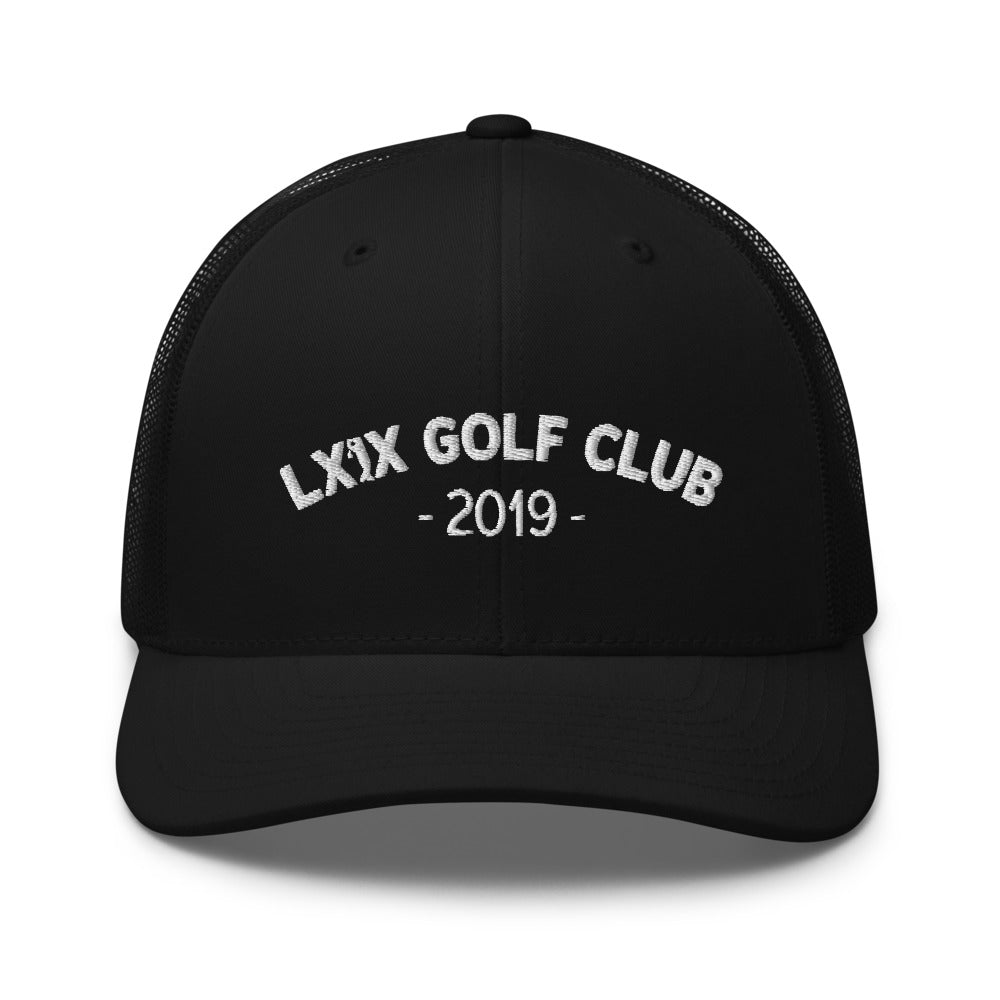 Arch logo retro trucker cap with white varsity-style embroidery
