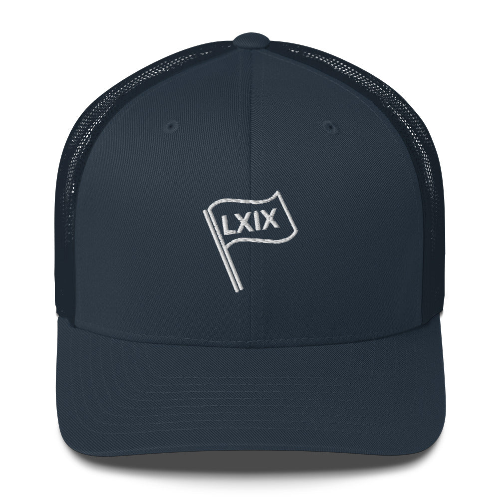 Flag logo six-panel trucker cap with mesh back