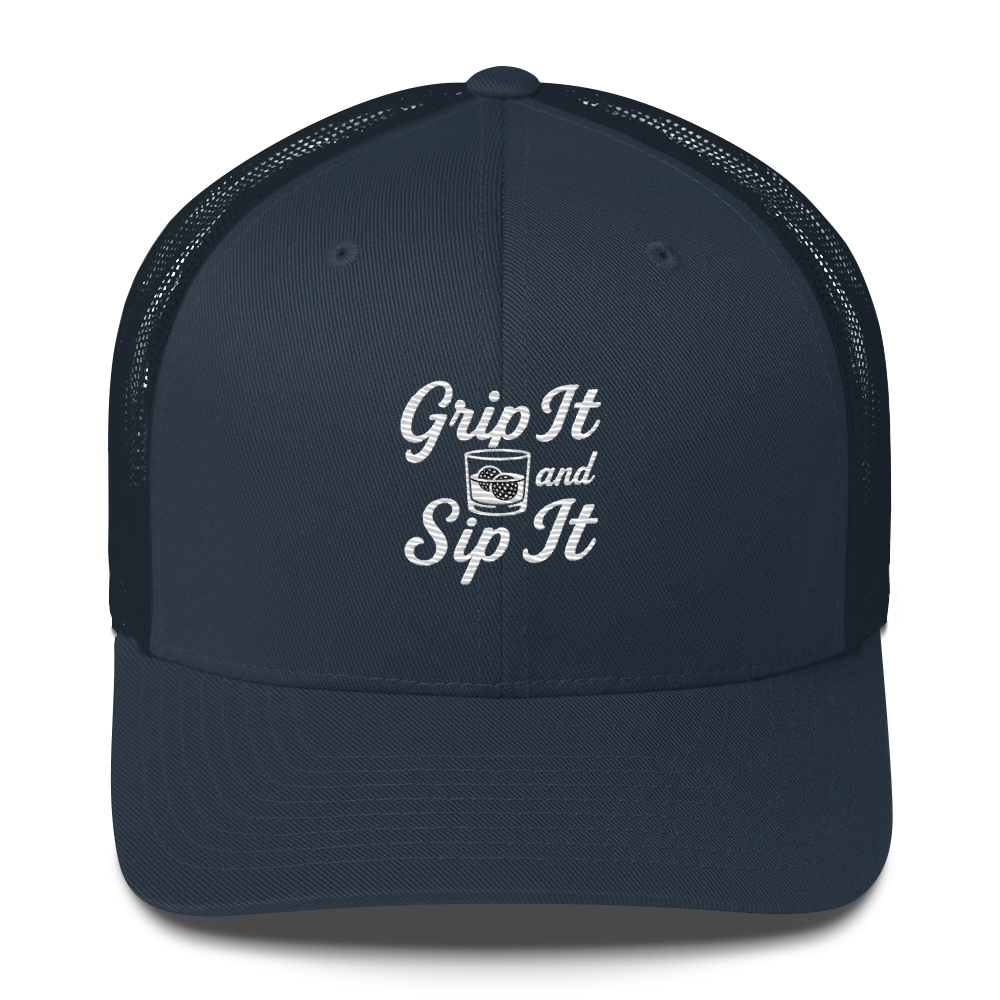 Grip It and Sip It embroidered golf trucker hat with mesh back