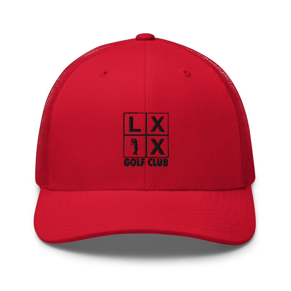 Four Box logo retro trucker cap with black embroidery and mesh back