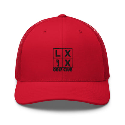 Four Box logo retro trucker cap with black embroidery and mesh back