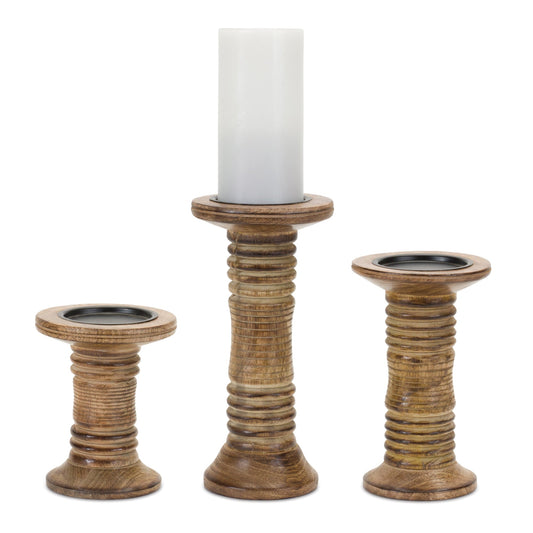 Ribbed Wooden Pillar Candle Holder | 3 Sizes by Rust & Cinder
