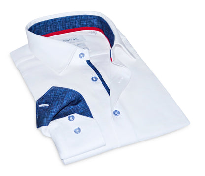 Ron// Cotton Knit-Stretch Button-Up Shirt With Contrast Details // White // Tailored Fit (Fitted)Shirts & TopsTorqelo.com