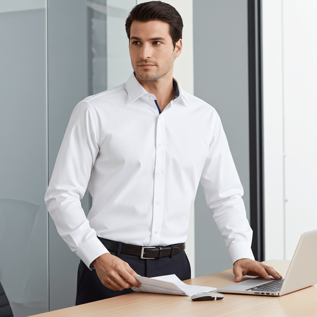 Ron// Cotton Knit-Stretch Button-Up Shirt With Contrast Details // White // Tailored Fit (Fitted)Shirts & TopsTorqelo.com