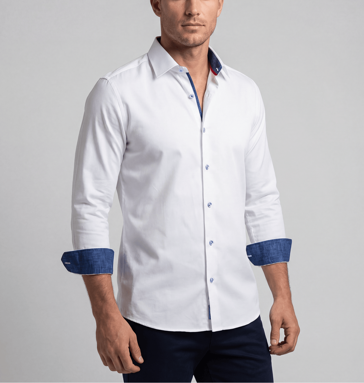 Ron// Cotton Knit-Stretch Button-Up Shirt With Contrast Details // White // Tailored Fit (Fitted)Shirts & TopsTorqelo.com