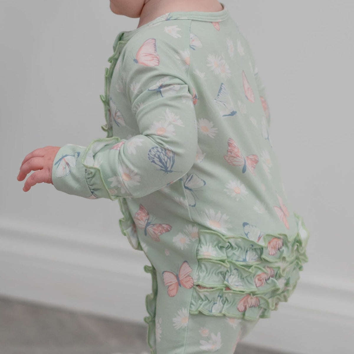 Mint Butterfly Daisy Bamboo Ruffle Baby Footie by Sweet Bamboo