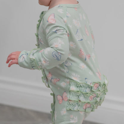 Mint Butterfly Daisy Bamboo Ruffle Baby Footie by Sweet Bamboo
