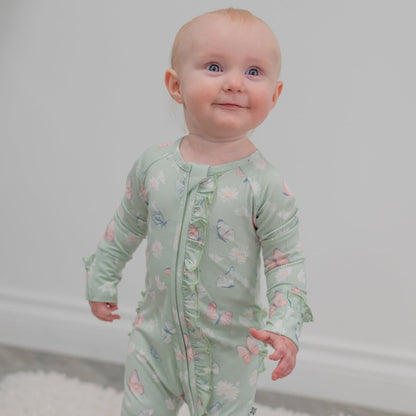 Mint Butterfly Daisy Bamboo Ruffle Baby Footie by Sweet Bamboo