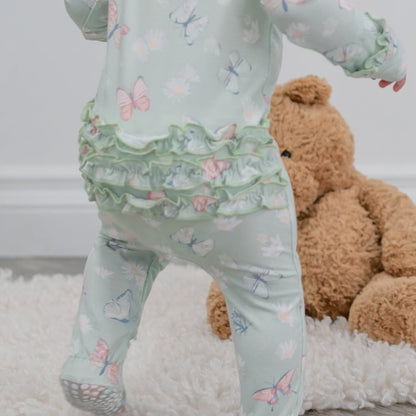 Mint Butterfly Daisy Bamboo Ruffle Baby Footie by Sweet Bamboo