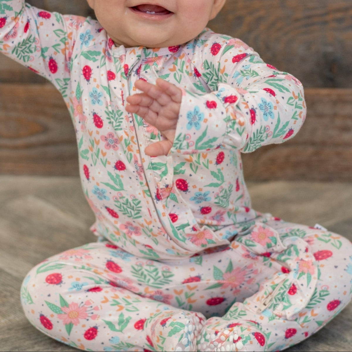 Ladybug Flower Garden Ruffle Baby Footie by Sweet Bamboo