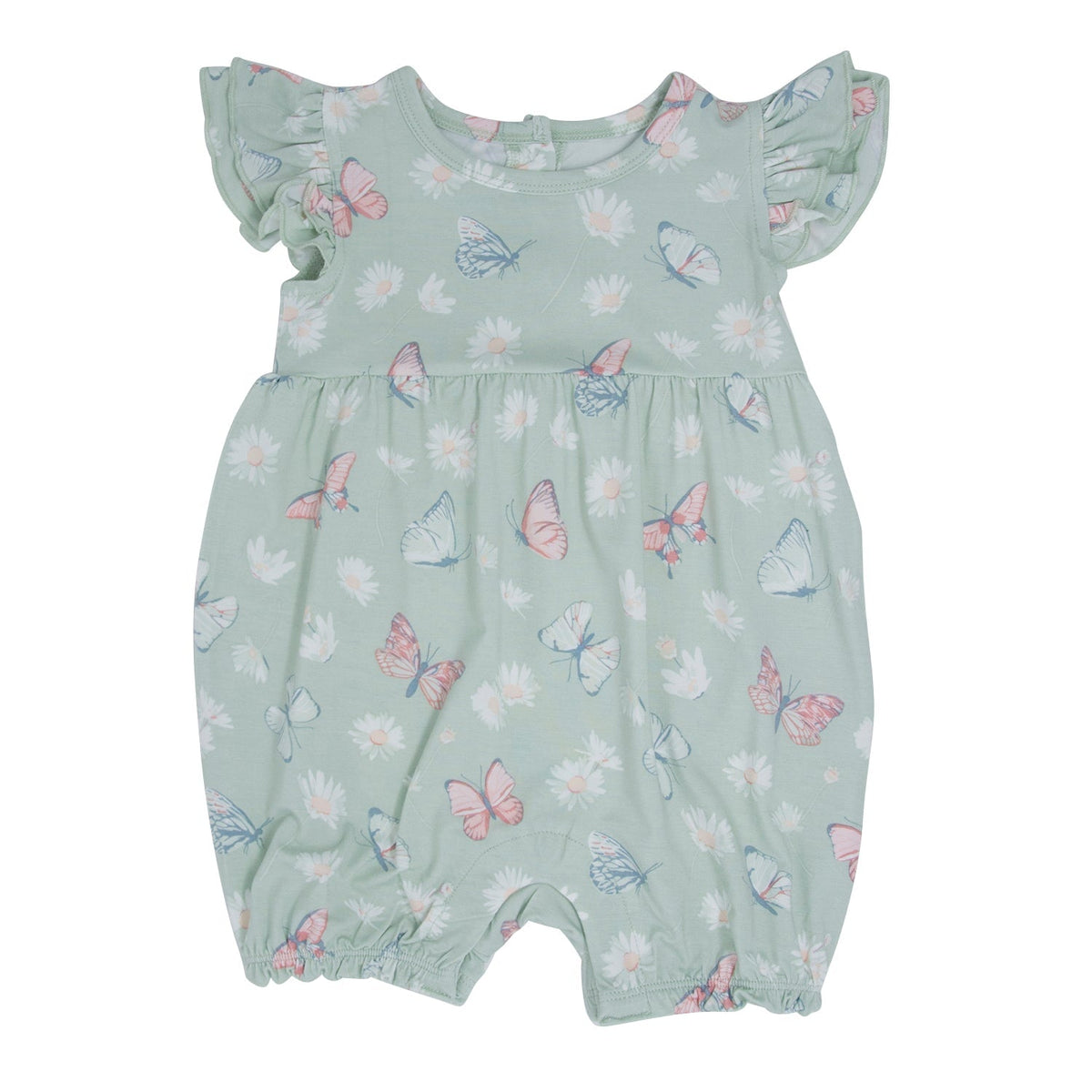 Mint Butterfly Daisy Bamboo Ruffle Romper by Sweet Bamboo