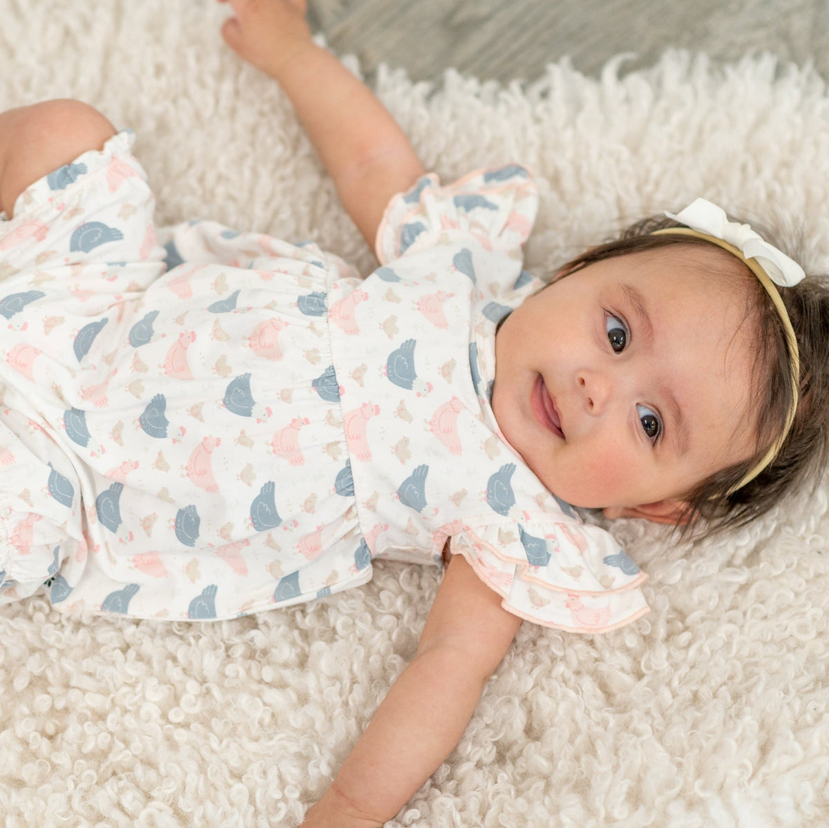 Pink Farm Hens Bamboo Ruffle Romper by Sweet Bamboo