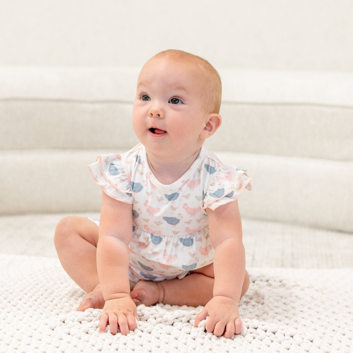 Pink Farm Hens Bamboo Ruffle Romper by Sweet Bamboo