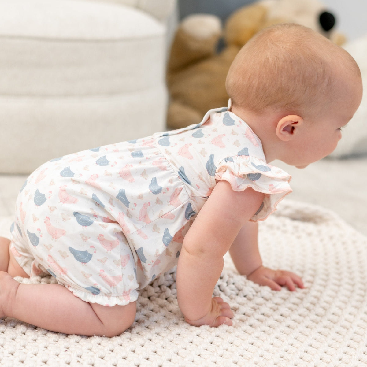 Pink Farm Hens Bamboo Ruffle Romper by Sweet Bamboo
