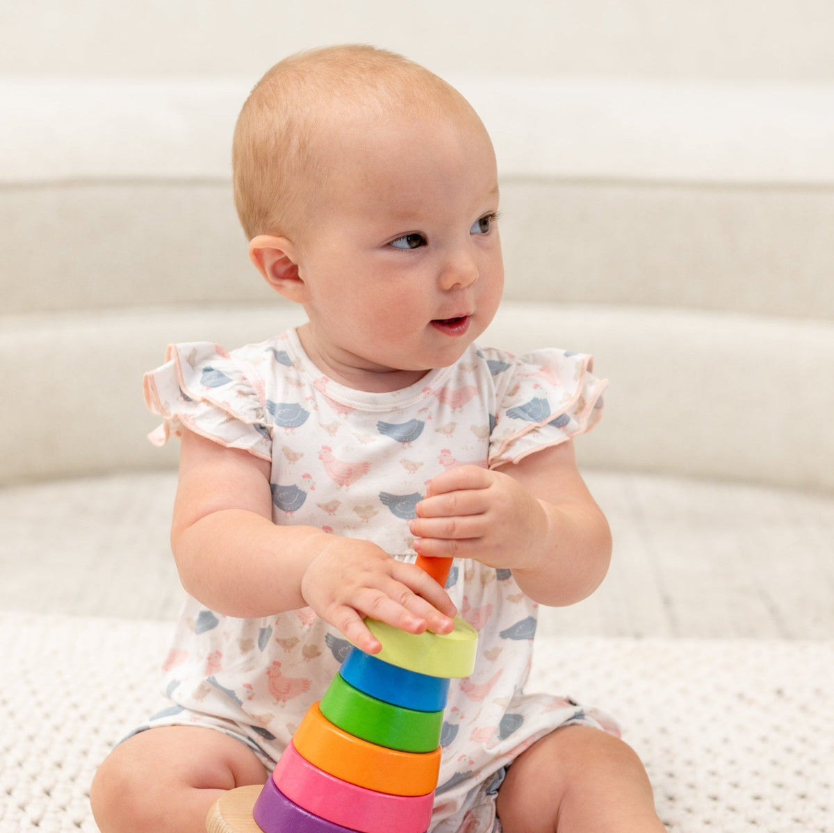 Pink Farm Hens Bamboo Ruffle Romper by Sweet Bamboo