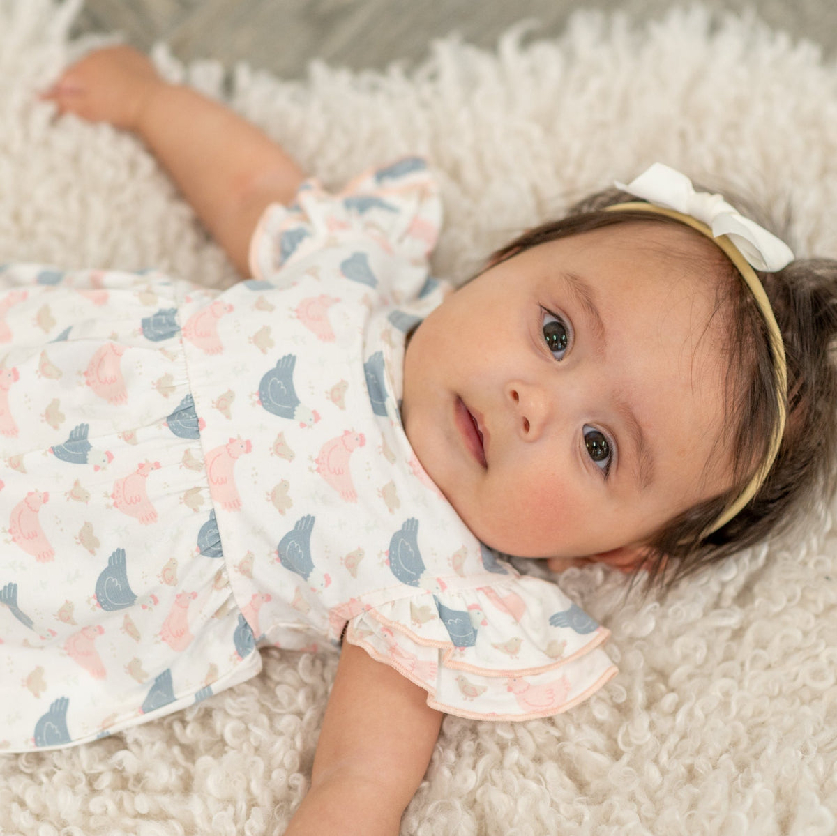 Pink Farm Hens Bamboo Ruffle Romper by Sweet Bamboo