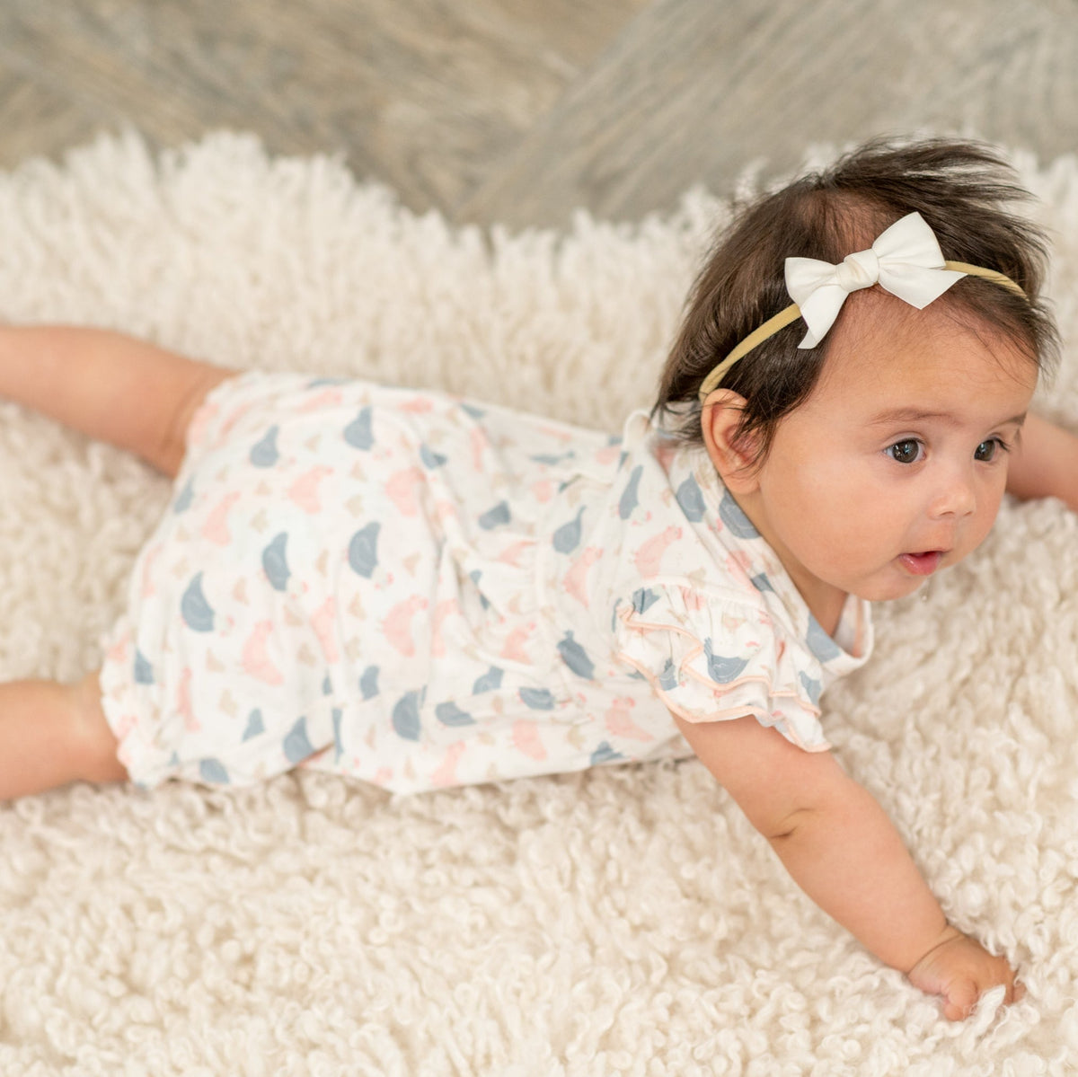 Pink Farm Hens Bamboo Ruffle Romper by Sweet Bamboo