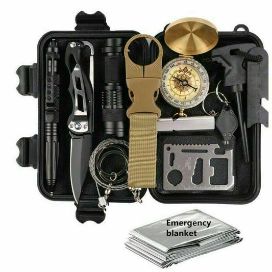 14-in-1 outdoor emergency survival gear kit in black case, Salmon Lucky