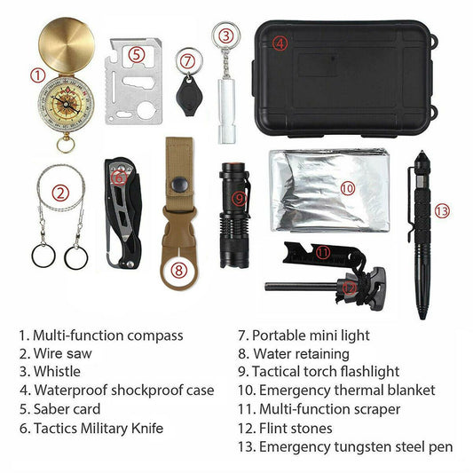 14-in-1 outdoor emergency survival gear kit in black case, Salmon Lucky, view 2
