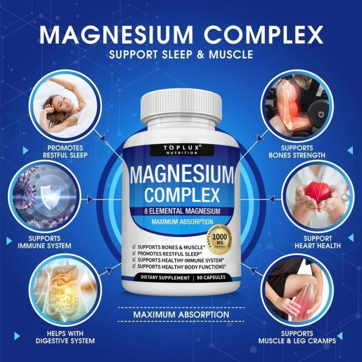 Magnesium Complex Supplement 8 Elemental 1000mg - Magnesium Glycinate, Citrate, Malate, Taurate, Chelated for Easy Absorption for Bones, Muscle, Recovery, Energy, Vegan Non-GMO 90 Capsules by KARONDA RENE LEWIS