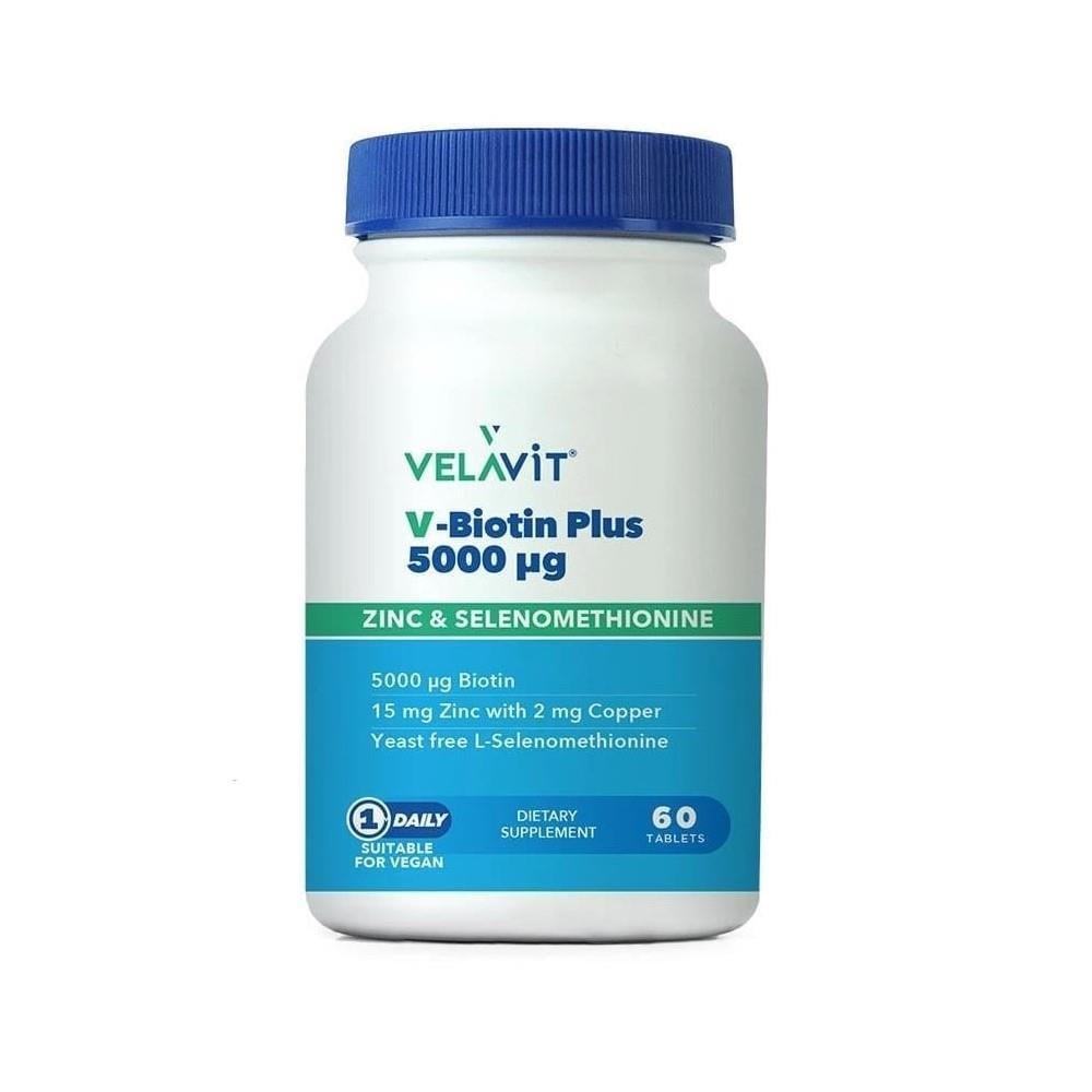 Velavit V-Biotin Plus 5000 mcg Biotin Supplement - 60 Tablets for Healthy Skin, Hair & Nails by Beauty Care Bag