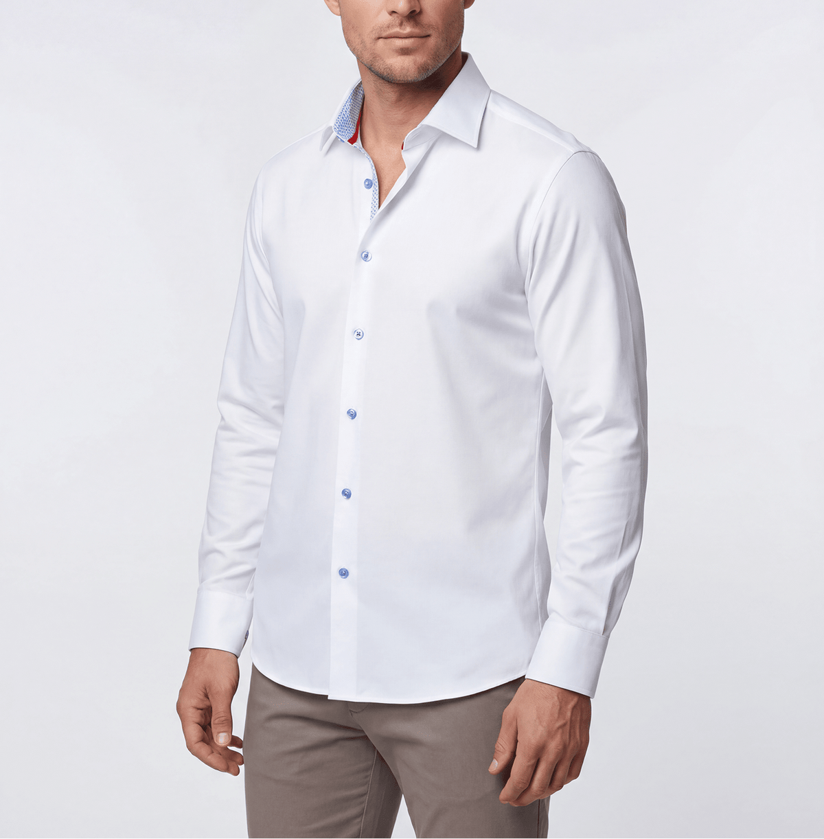 Scott// Cotton Knit-Stretch Button-Up Shirt With Contrast Details // White // Tailored Fit (Fitted)Shirts & TopsTorqelo.com