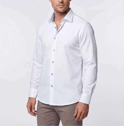 Scott// Cotton Knit-Stretch Button-Up Shirt With Contrast Details // White // Tailored Fit (Fitted)Shirts & TopsTorqelo.com