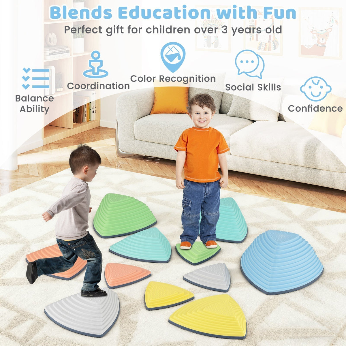 Set of 11 Stepping Stones for Kids Non-Slip Balance Stones with Storage BagTorqelo.com