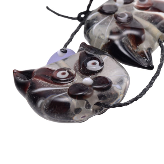 Lampwork Glass Cat Head Beads - Black White Brown Swirl Pattern 22mm - Set of 2 Handmade Art Glass Animal Beads by Continental Bead Suppliers