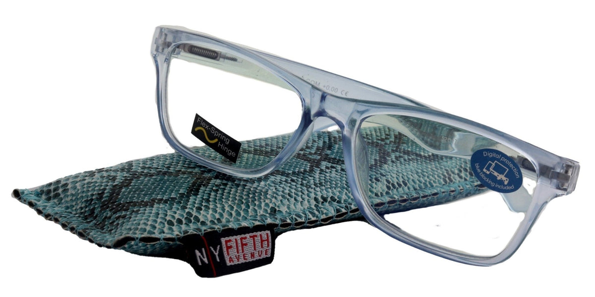 Sophie (Blue Light Glasses) (Blue Blocker) Reduce Eyestrain, A/R Anti Glare. +1.25..+3.00 Square (Transparent Blue) NY Fifth Avenue.Torqelo.com