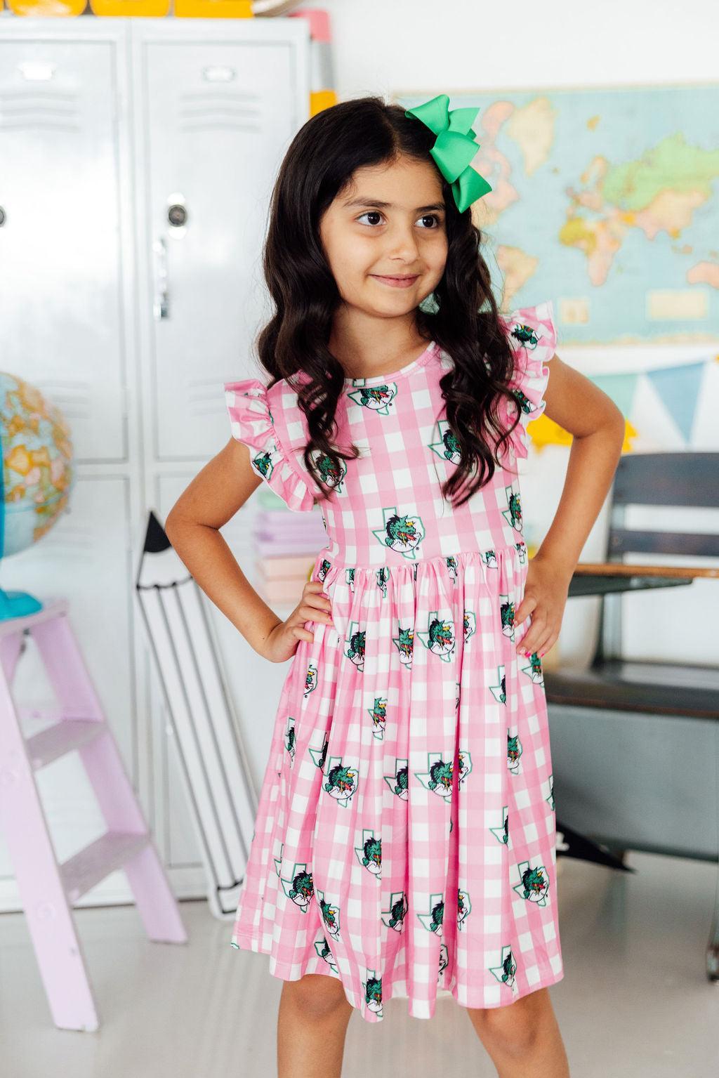Southlake Carroll Gingham Dragons Flutter Twirl DressTwirl Dress - FlutterTorqelo.com