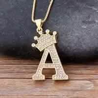 Stainless Steel Gold Overlay Hip Hop Crown A-Z Letters Necklace for Men and Women by EasyOptionXY
