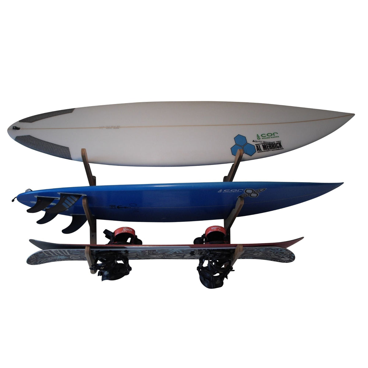 Triple Surfboard Wall Rack | Bamboo Rack Perfect for Surf, Wakeboards, Snowboards, Skateboards by COR Surf