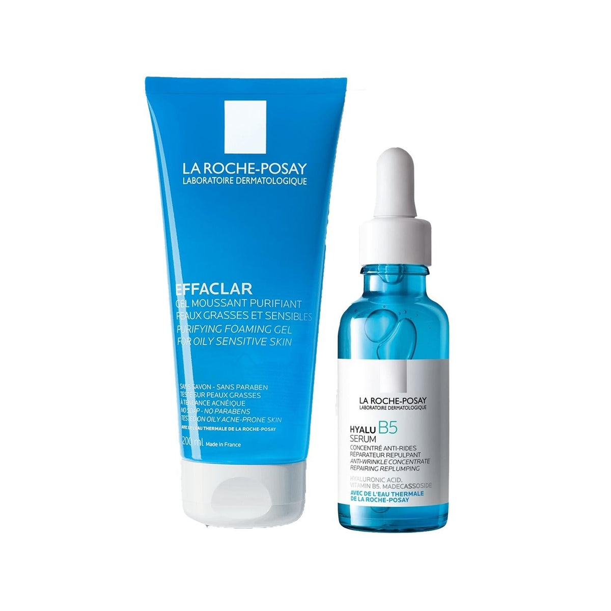 La Roche Posay Effaclar Gel Skincare Set - 200ml Facial Cleansing Gel & 30ml Hyalu B5 Serum for Acne-Prone Skin by Beauty Care Bag