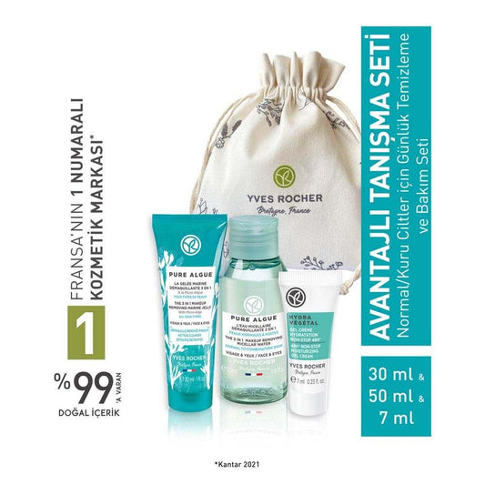 Pure Algue Skincare Set for Normal & Dry Skin - Travel Size Cleansing Gel, Micellar Water & Hydrating Gel Cream by Beauty Care Bag
