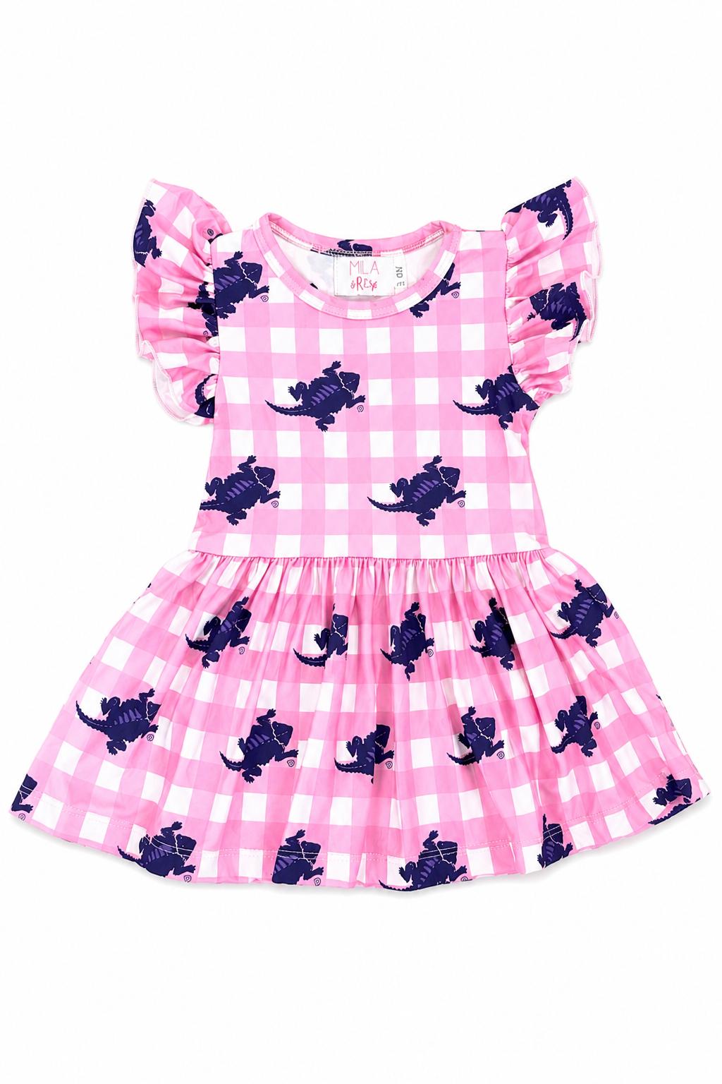 TCU Pink Gingham Frog S/S Flutter Twirl BodysuitTwirl Bodysuit - S/S FlutterTorqelo.com