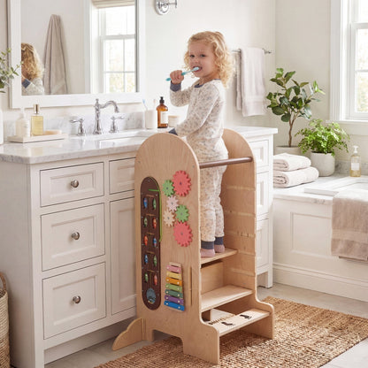 Toddler Standing Tower Kids Step Stool with Adjustable Height Chalkboard and SlideTorqelo.com