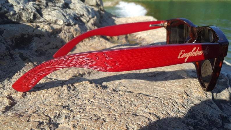Red Bamboo Tortoise Framed Sunglasses With Wood Case, Artisan Engraved by Purple Ariadne
