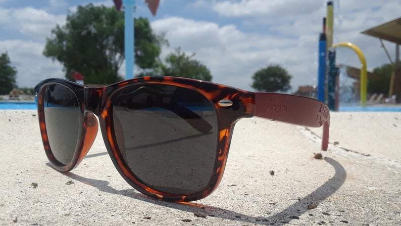 Red Bamboo Tortoise Framed Sunglasses With Wood Case, Artisan Engraved by Purple Ariadne